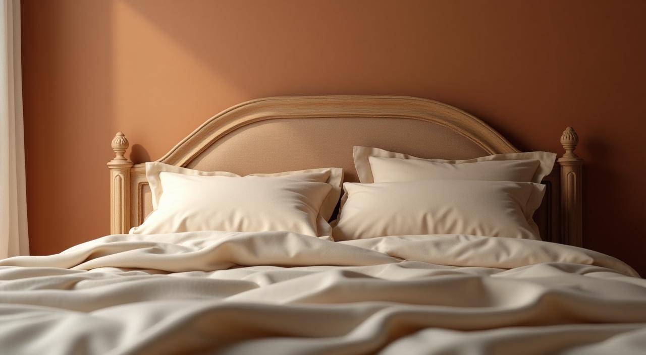 Elegante cabecero de cama de madera con un acabado de pintura texturizada en suaves tonos tierra, que aporta calidez y profundidad a un dormitorio.