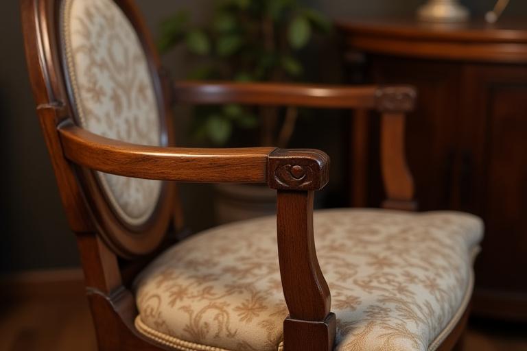 Antigua silla de madera detalladamente restaurada con el tapizado original.